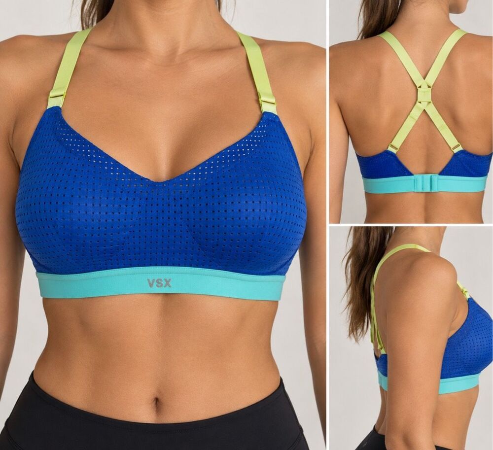 Victoria’s Secret VSX Sport Blue Mesh Strappy Sports Bra 32D